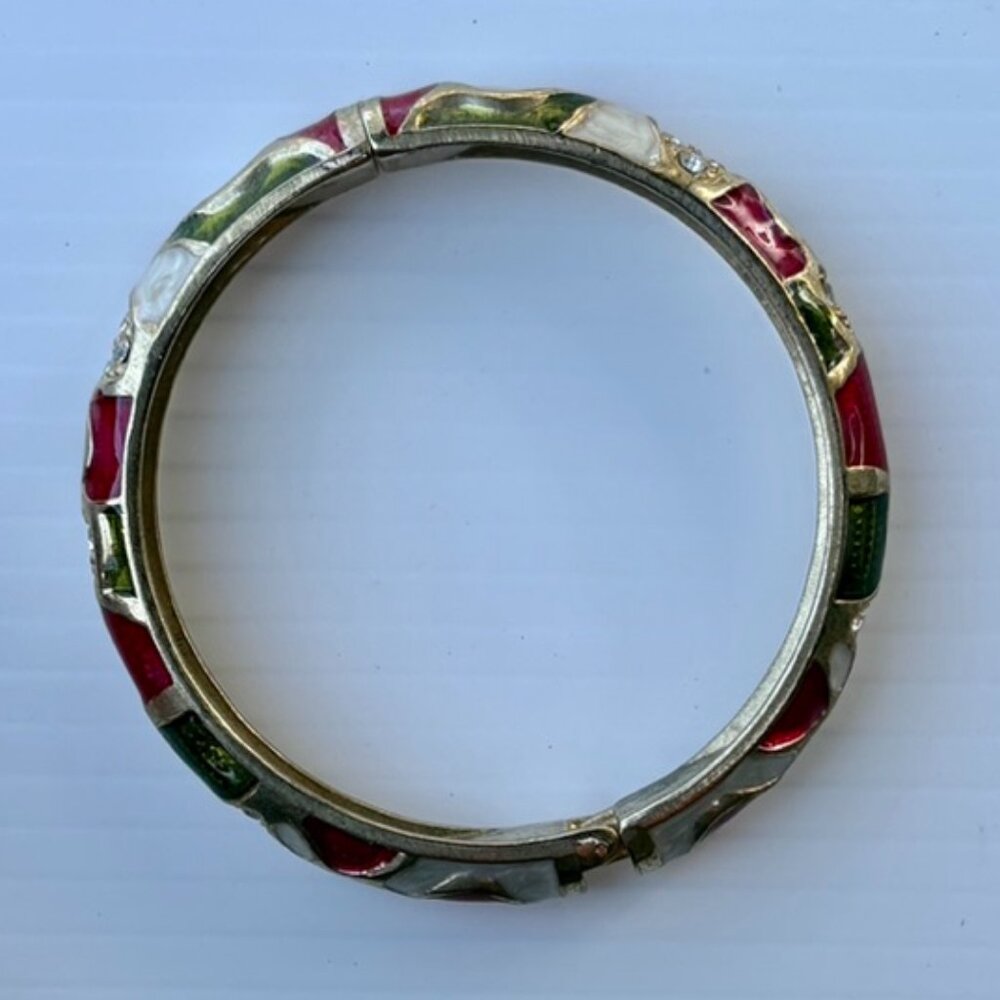 Vintage Gold Tone Cloisonne Enameled Hinged Bangle Bracelet